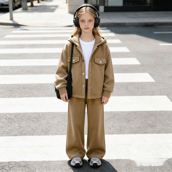 xaweyi Girls 2 Piece Outfit Hooded Button Down Jacket Wide Leg Pants Casual Fall Winter Tracksuit Set for Kids Size 3-4 Years