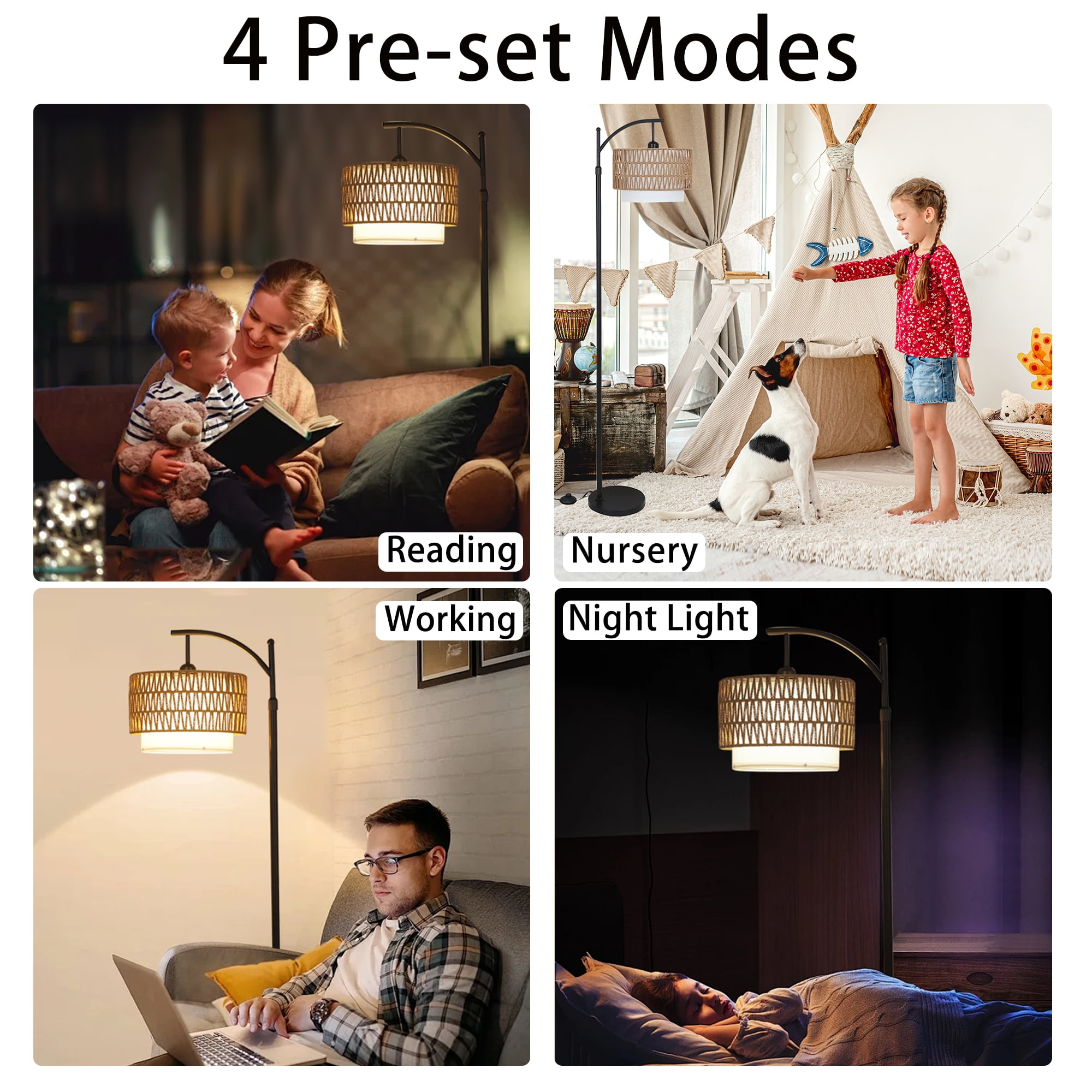 JOPESO Boho Floor Lamp with Remote, Standing Lamp with 3 Color Temperatures Adjustable Tall Lamps Dimmable Rattan Lampe with Fabric Shades for Living Room Bedroom