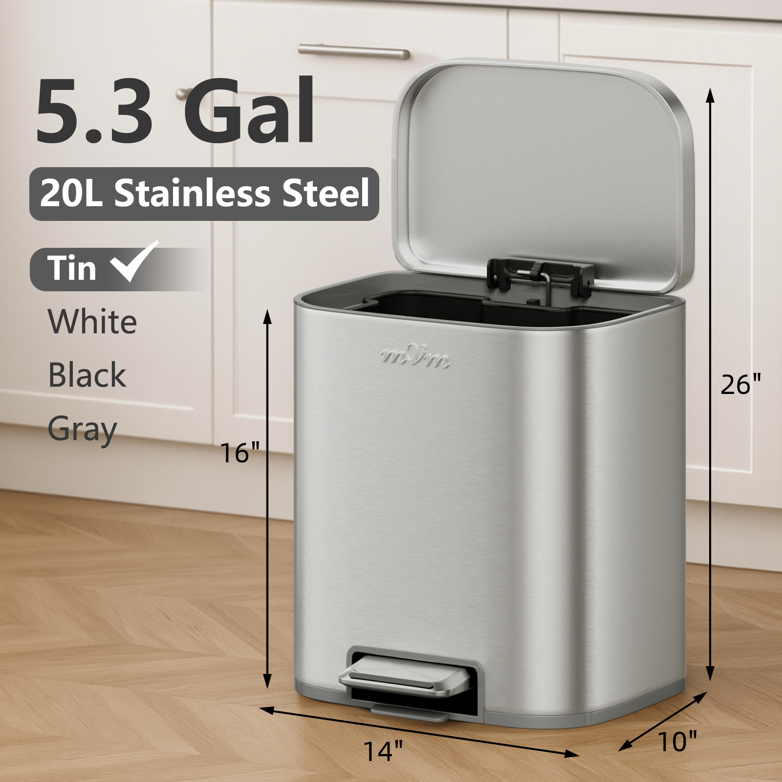 mVm Stainless Steel Trash Can, 5.3 Gal Trash Can with Lid, Smooth Edge Step Garbage Bin for Home Kitchen Office (Tin)