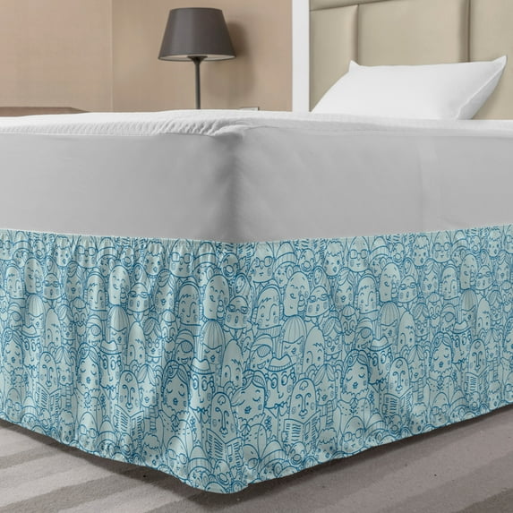 Doodle Bed Skirt, Funny People in a Crowd Men Women Packed Meeting Corporate Family Theme, Elastic Bedskirt Dust Ruffle Wrap Around for Bedding Decor, 4 Sizes, Pale Turquoise Sea Blue, by Ambesonne