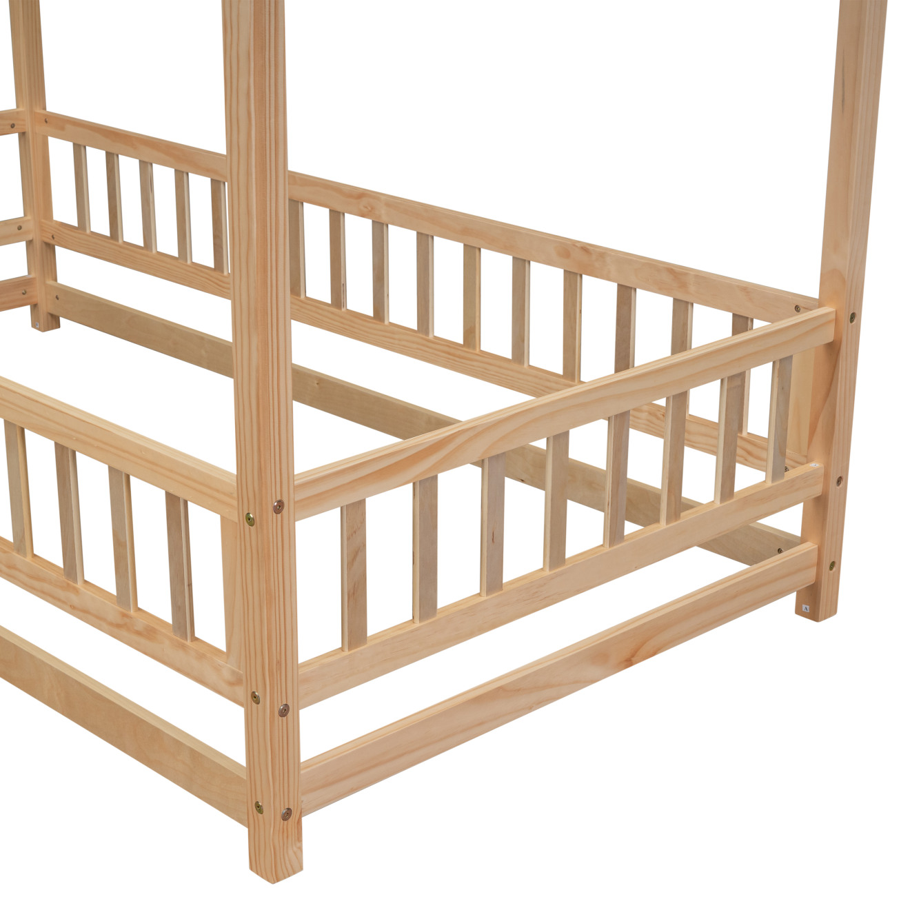 Twin Size Wooden Bed with House Roof Frame, House Bed Frame with Fence Guardrails for Girls Boys Teens, Natural
