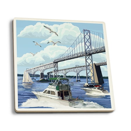 Sailing Chesapeake Bay - Maryland - Chesapeake Bay Bridge - Lantern Press Artwork (Set of 4 Ceramic Coasters - Cork-backed, Absorbent)