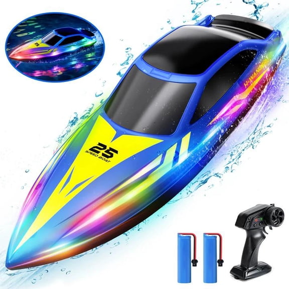 JoyStone 10 Inch RC Boat with 7-Mode Colorful LED Lights, 3 Speed Modes, 2 Batteries 60Mins, Pool Toys for Adults & Kids