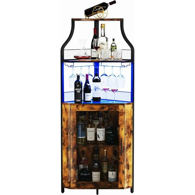 Armoire de Bar d'Angle avec Bande DEL et Porte-Verre, Armoire à Vin Industrielle avec Tablette Ajustable, Armoire à Liqueurs à 5 Niveaux pour la Maison, Brun Rustique