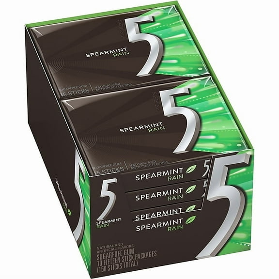 5 Gum Sugar Free Gum, Spearmint Rain, 10 ct Pack of 2