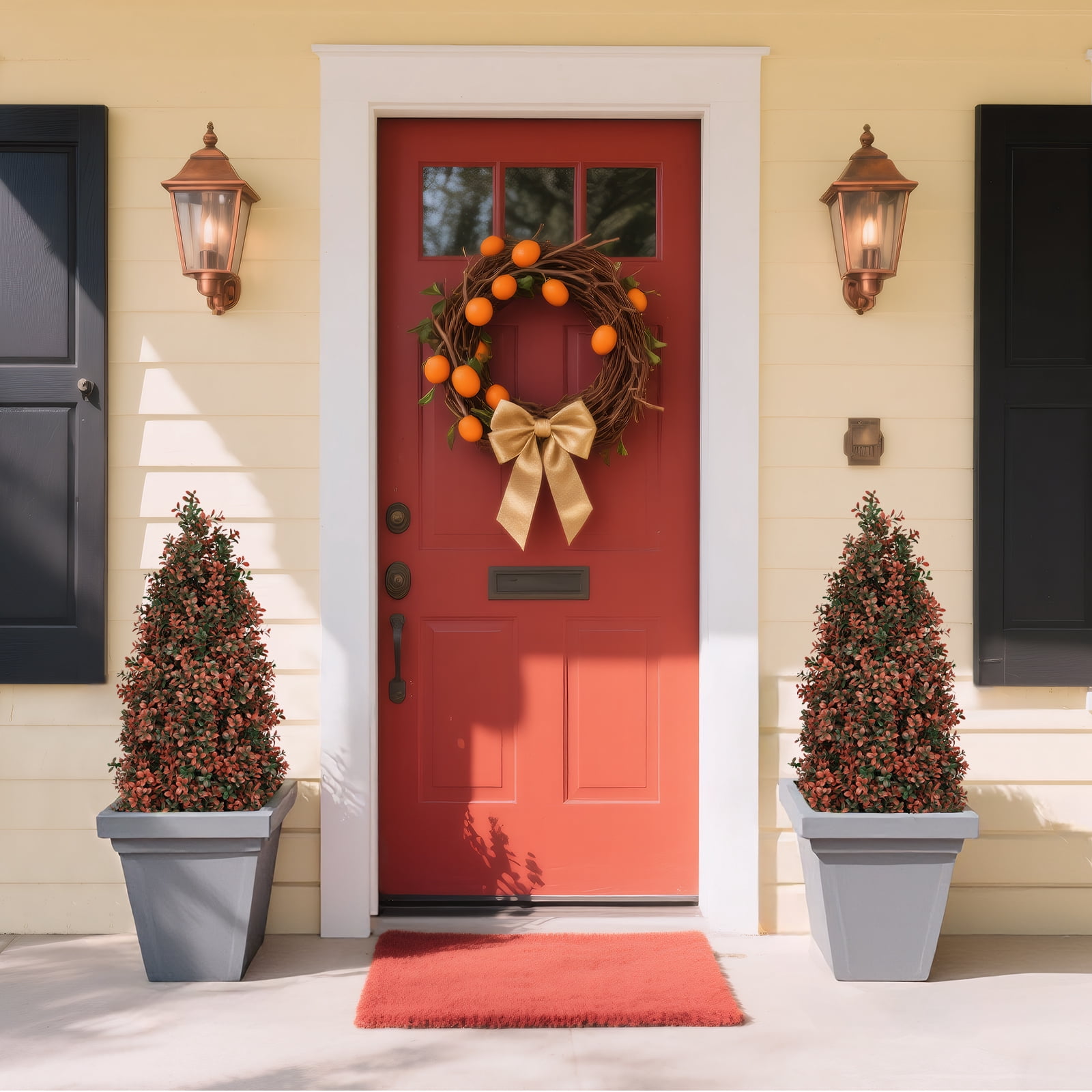 Aukfa 3ft Artificial Boxwood Topiary Trees 2 Set, Red Faux Plants with UV Protection for Outdoor Porch Patio and Indoor Decor