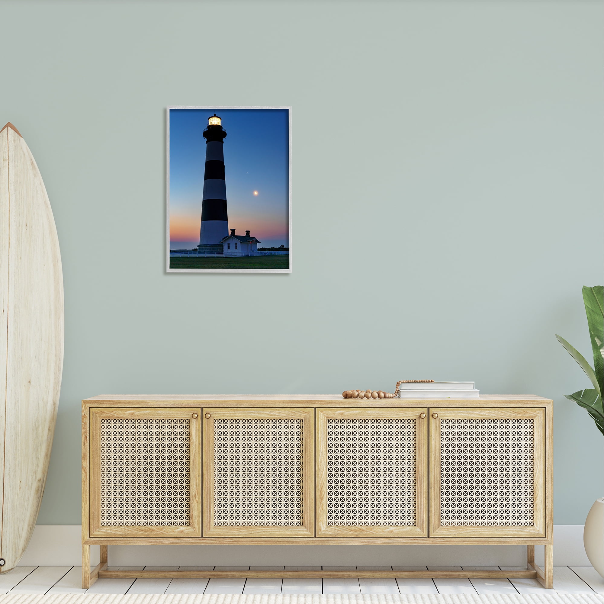 Stupell Blue Moonlit Lighthouse Coast Landscape Photography Gray Framed Art Print Wall Art