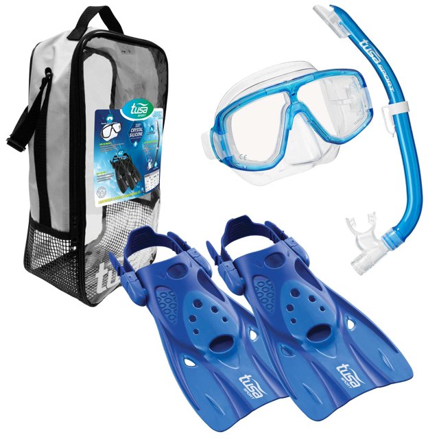 TUSA Sport Adulto Platina Máscara Snorkel y Aletas Set de Viaje Azul Claro Medio UP-0101CB-M