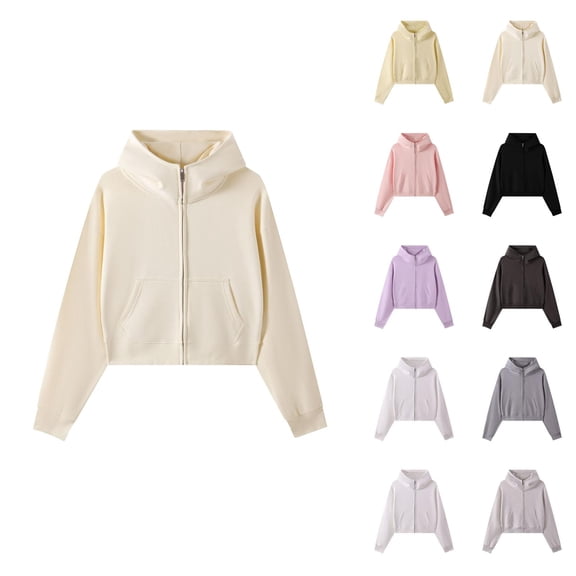 Cropped Zip Up Hoodies for Women Fall Winter Long Sleeve Heavyweight Plain Hooded Sweatshirt with Pockets Crop Tops