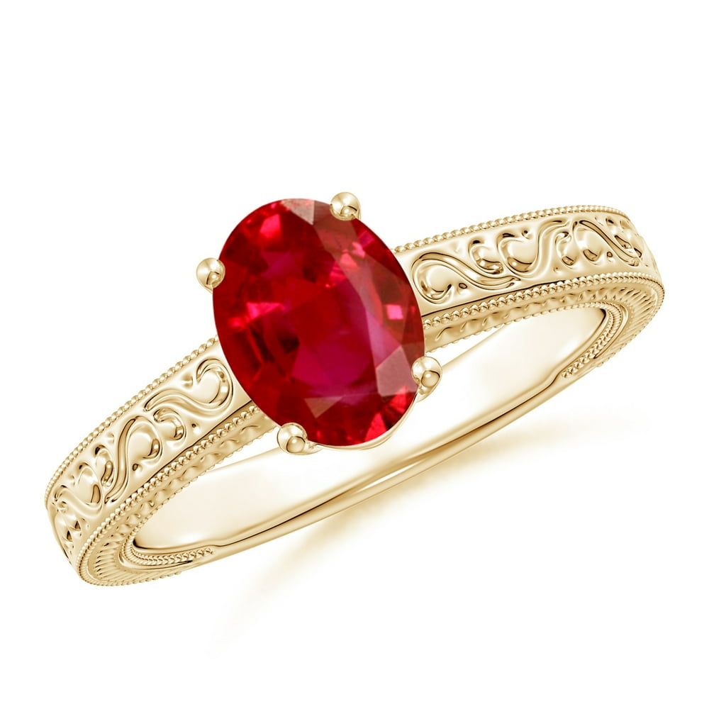 Angara - July Birthstone Ring - Vintage Inspired Oval Ruby Ring with