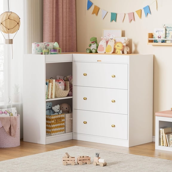 PAKASEPT 39" W L-shape Changing Table Dresser with Changing Table Top, Corner Baby Nursery Dresser with 3 Drawers, 2 Shelves, Diaper Changing Station