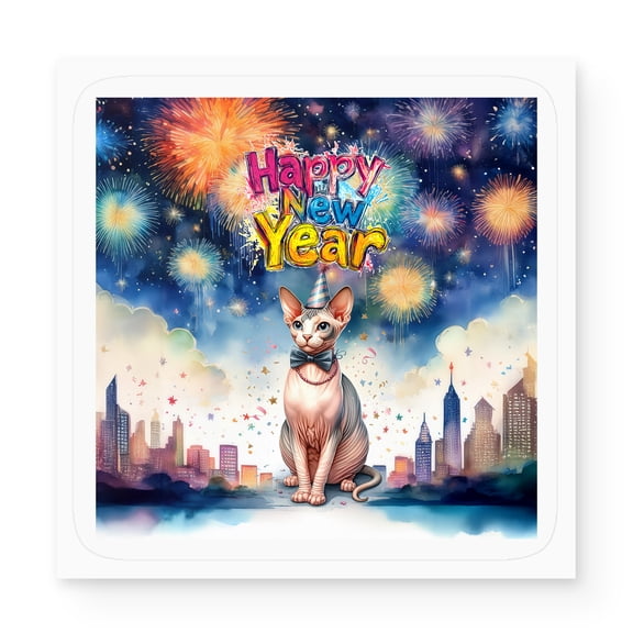 Happy New Year with Sphynx Fireworks Holiday Xmas Winter 2025 Vinyl Sticker Cat Lover Kitten Owner Gifts Idea Waterproof Decal Art Decor - 00025