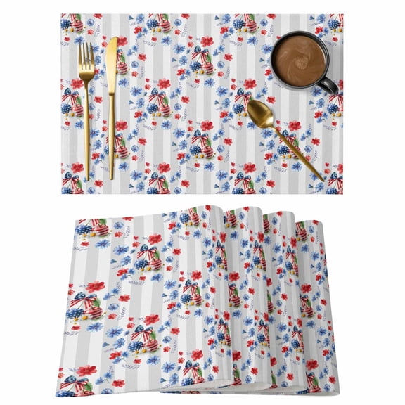 4th of July Placemats Set of 4 Independence Day Floral Grey Striped Place Mats Indoor Wipeable Table Mats Washable Cloth Dining Table Placemats for Kitchen Holiday Party Home Decor 13x19 Inch