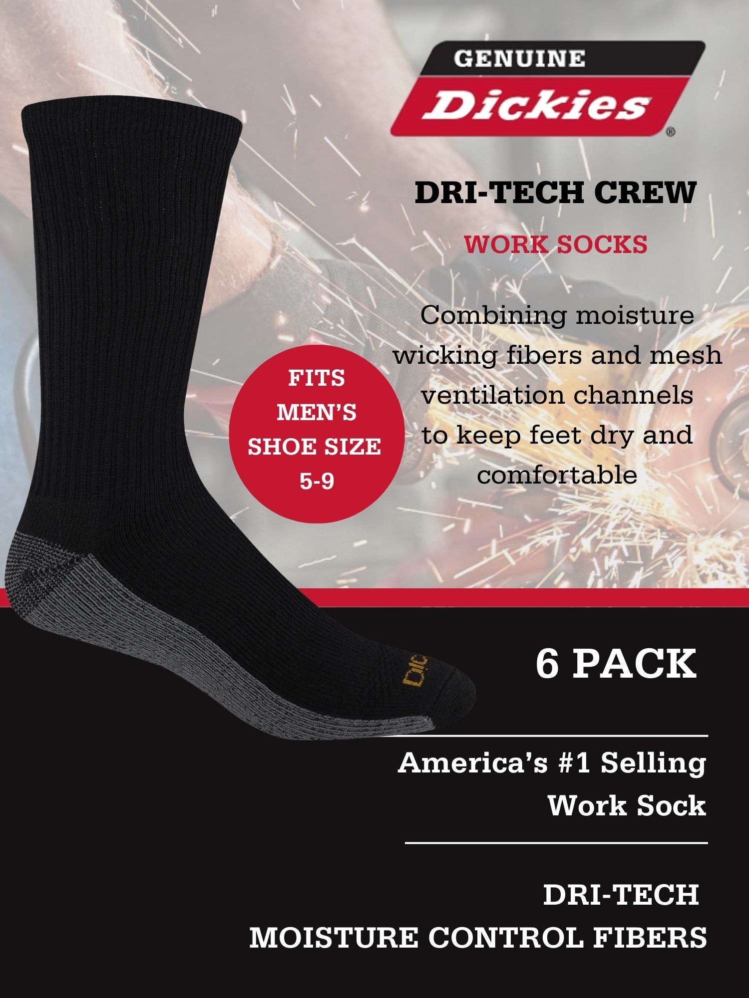 Genuine Dickies Men's Dri-Tech Crew Socks, 6-Pack, Sizes 6-15