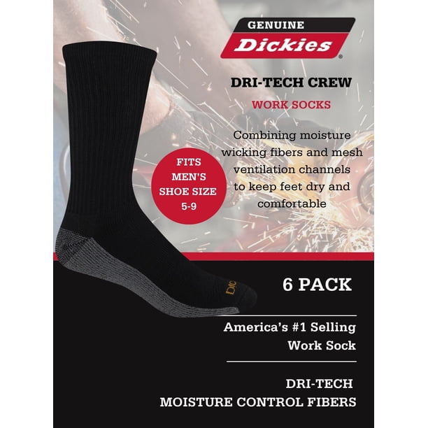 Genuine Dickies Men's Dri-Tech Crew Socks, 6-Pack, Sizes 6-15