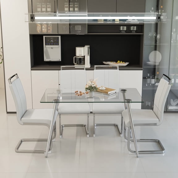 FFZ 51 inch Glass Dining Table Set for 4 with PU Armless Chairs and Silver Plating Legs, Transparent