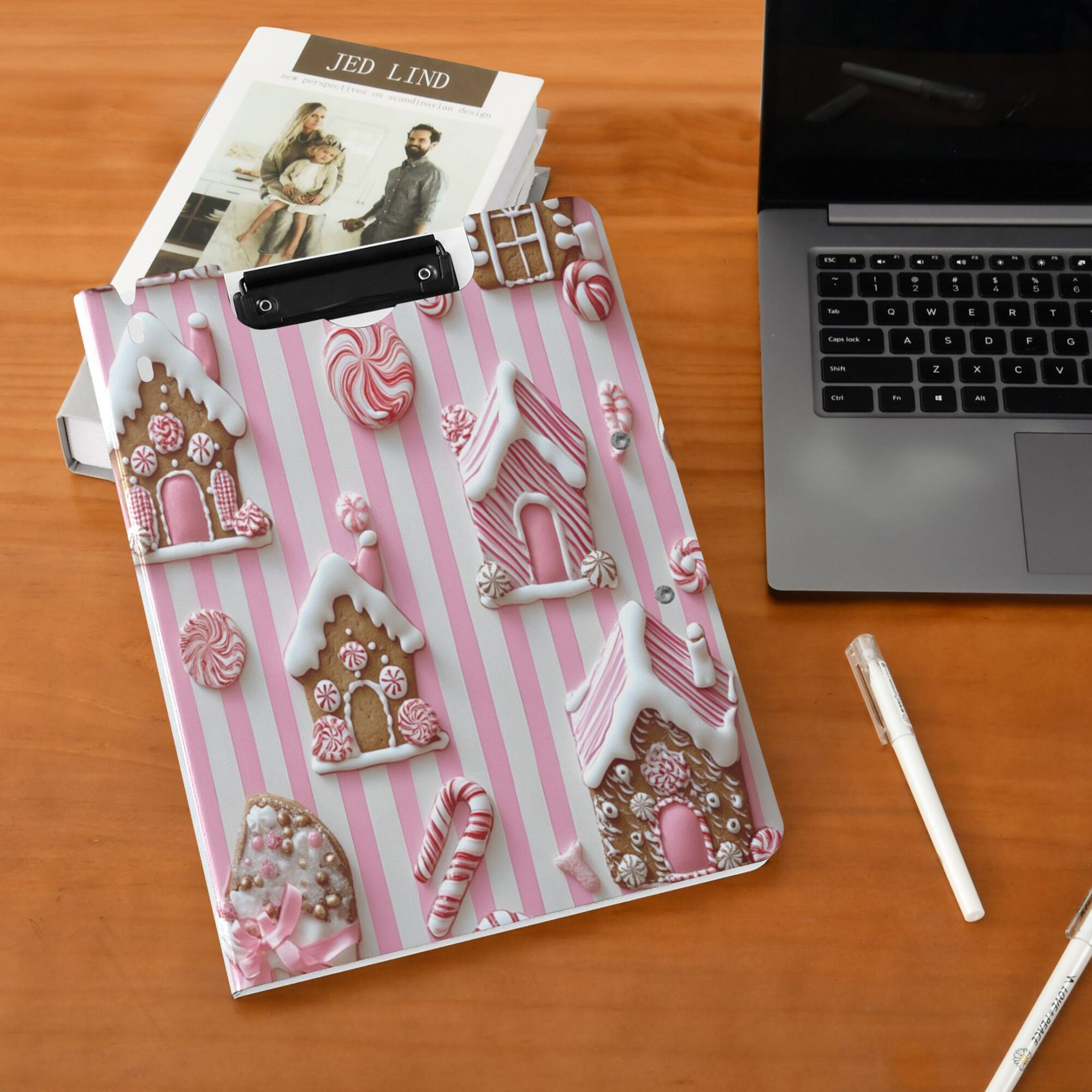 FORMRS A4 Clipboard Folder with Pen Holder Horizontal Foldable School Office Binder, Pink Gingerbread Houses