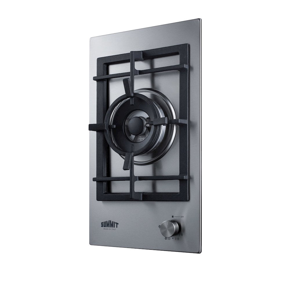 Summit GCJ1SS 12 inch Stainless Steel Gas Cooktop with 1 Sealed Burner; Designer Knobs; Cast Iron Grates; Wok Ring