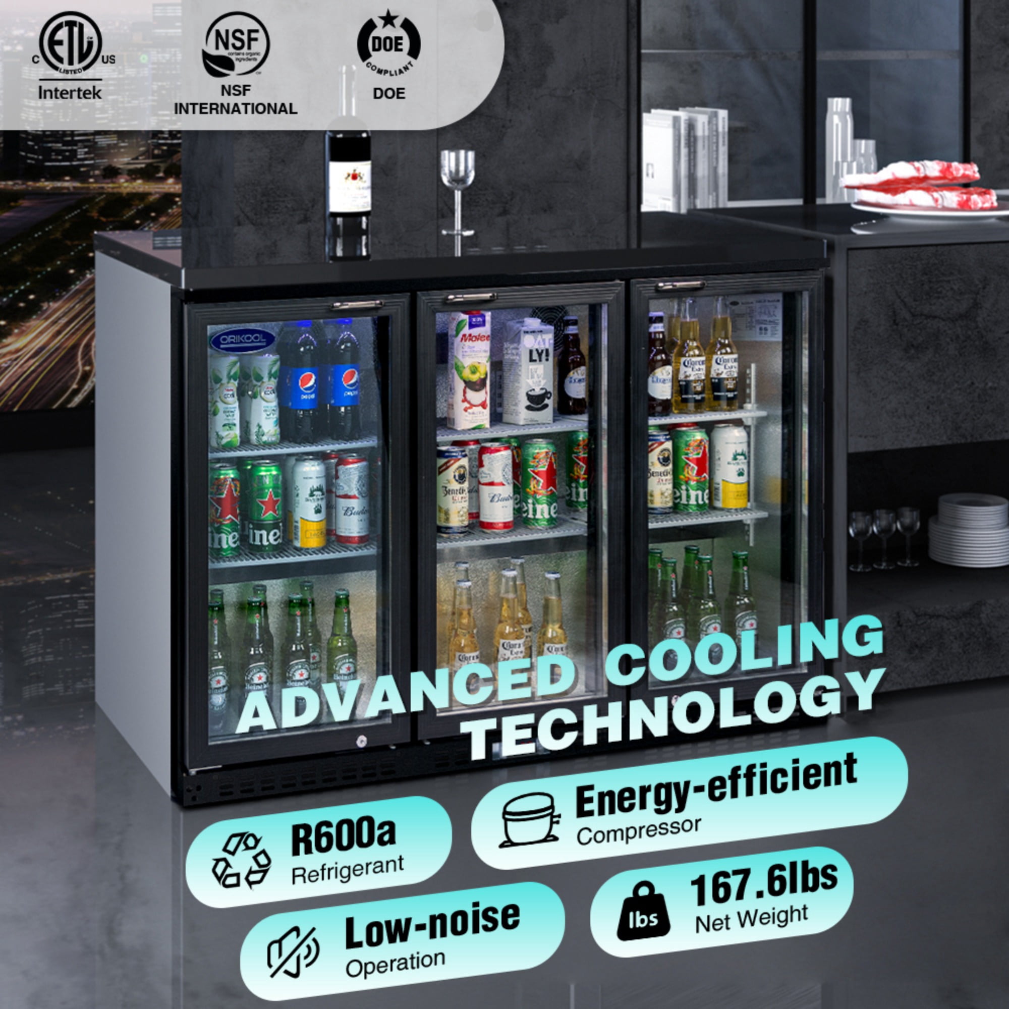 Beverage Refrigerators Cooler  53 inch 3 Glass Door Back Bar, 480 Cans Commercial Display Bar Fridge for Beer Wine and Drink 11.3 Cu.Ft