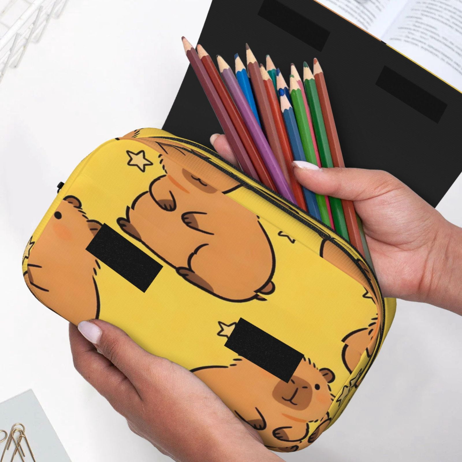 Large-Capacity Flip-Top Double-Layer Pencil Case, Multi-Functional Pocket Pen Case, Durable Stationery Organizer Capybara Star