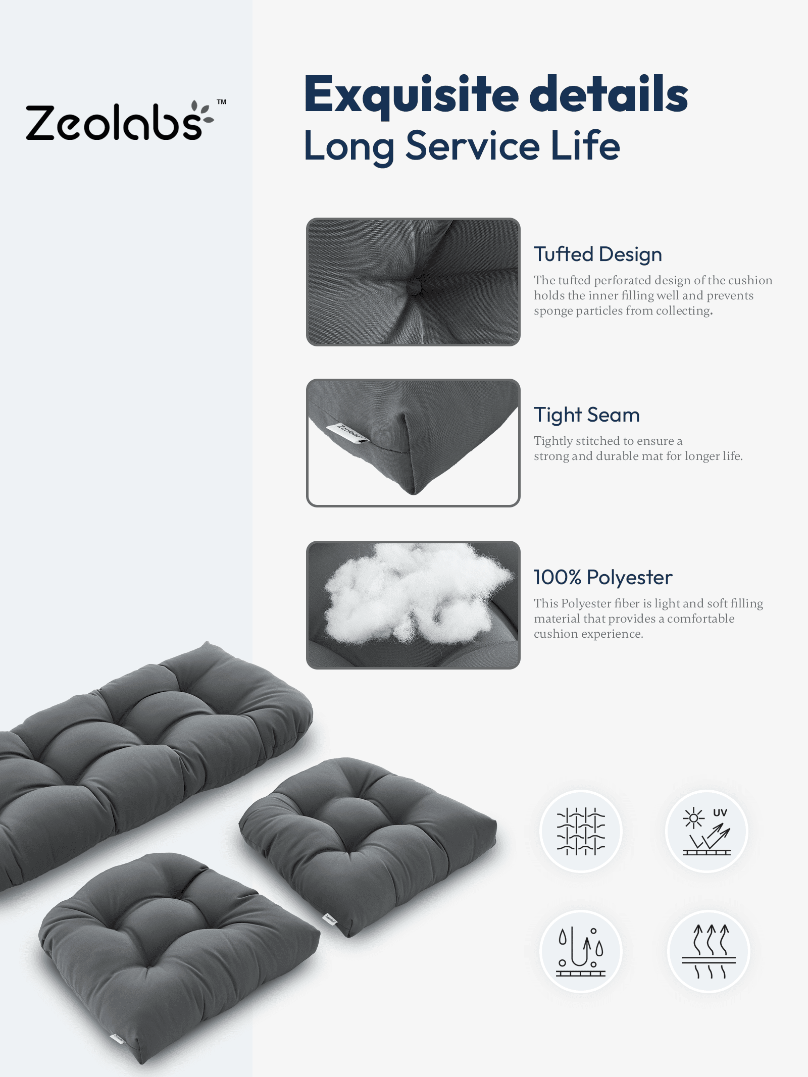 ZEOLABS Outdoor Wicker Chair Cushions of 3 Pieces Waterproof Tufted Seat Cushions set for Patio Furniture Sofa Bench Settee Couch, 1 Loveseat and 2 U-Shaped Cushions, Dark Grey