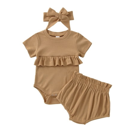 

3Pcs Newborn Baby Girl Summer Cothes Set Cute Ruffle Ribbed Knit Short Sleeve Romper Onesie and Shorts Outfit