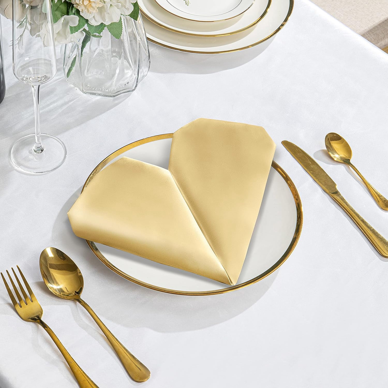 50 Pack Gold Satin Napkins 17x17 Inch for Wedding, Elegant Dinner, Square Table Decor, Restaurant, Banquet, Graduation Party