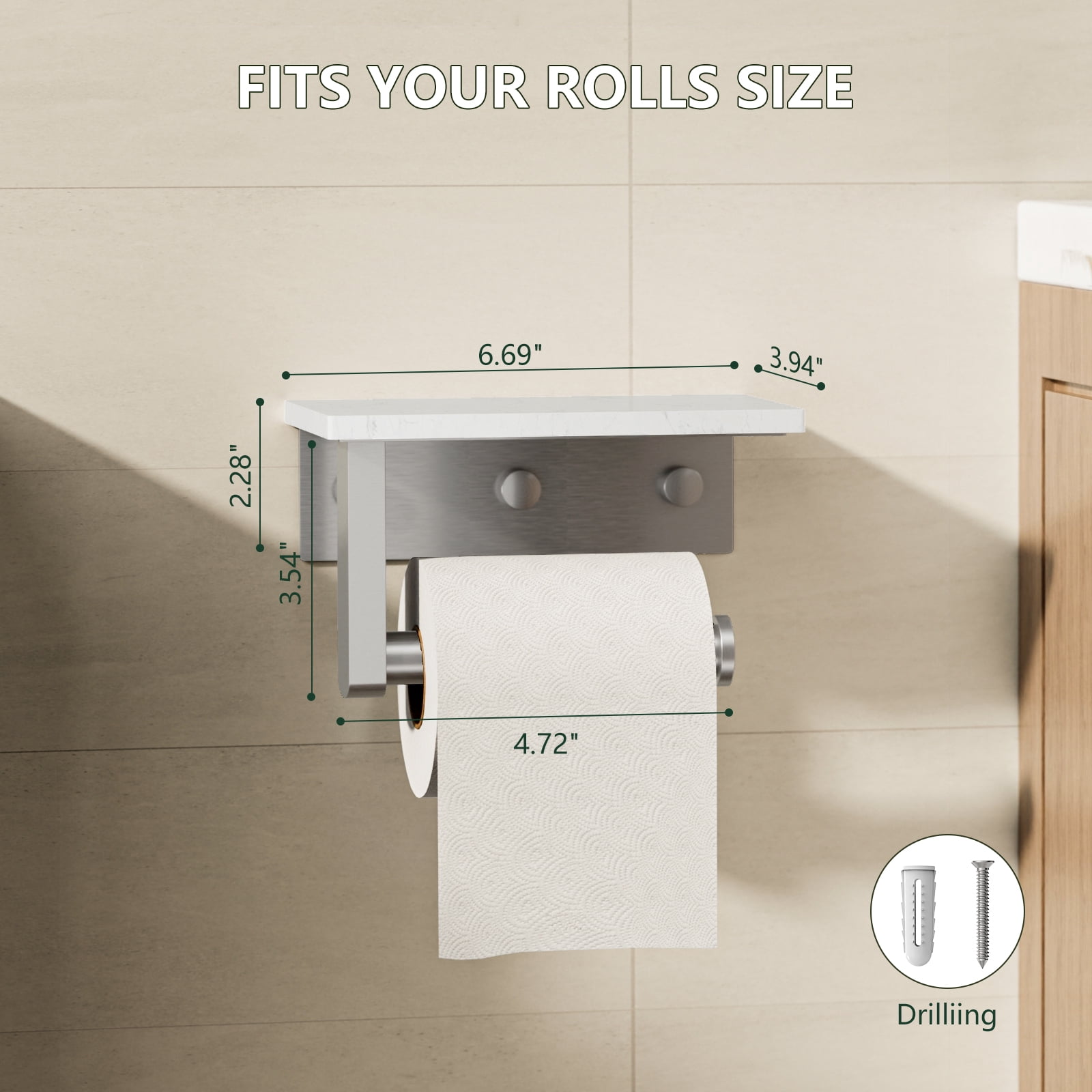 Wall Mount Toilet Paper Holder with Marble Shelf, Brushed Nickel