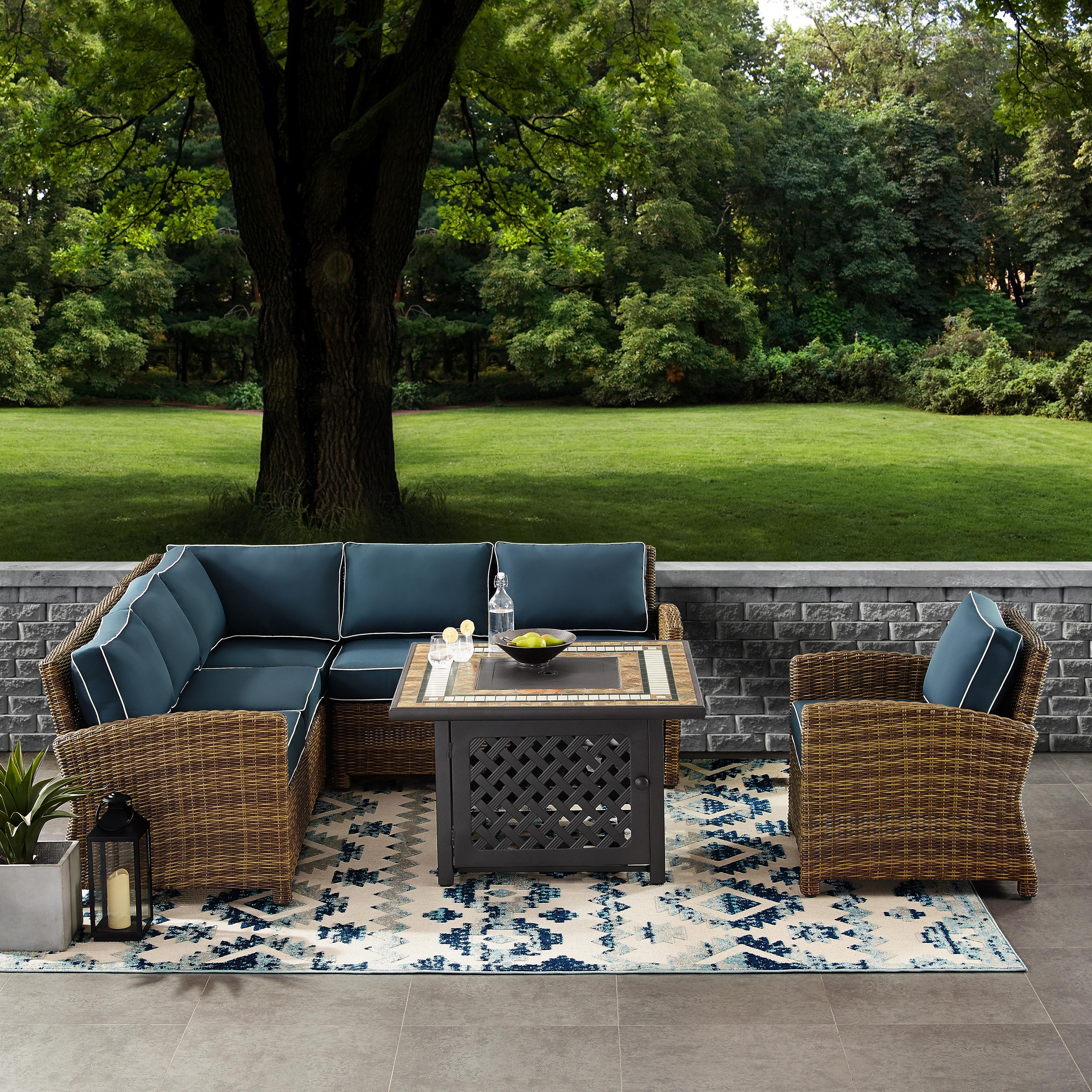 Bradenton 5Pc Outdoor Wicker Sectional Set W/Fire Table Weathered Brown/Navy - Right Corner Loveseat, Left Corner Loveseat, Corner Chair, Armchair, & Tucson Fire Table - image 2 of 9
