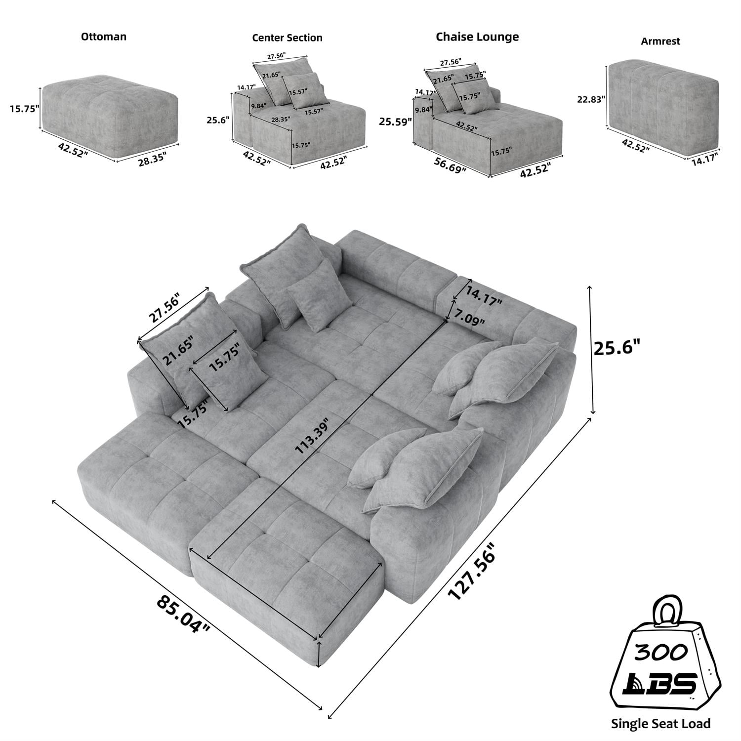 Demi Bonn 127" Modular Sectional Sofa with 8 Throw Pillows, Plush Chenille Upholstery DIY Tufted Couch for Living Room, No Assembly Needed, Blue