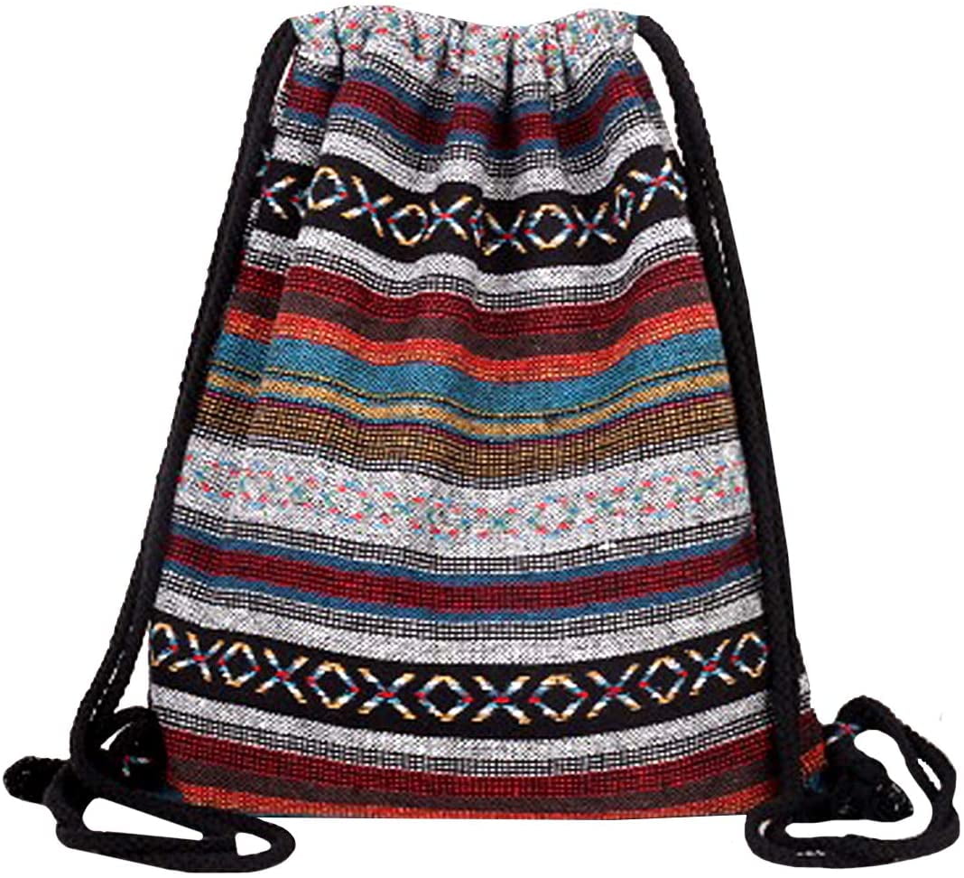 Textured Strip Loose Weave Drawstring Backpack Sports Athletic Gym Cinch Sack String Storage Bags for Hiking Travel Beach 