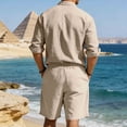 thumbnail image 6 of Men's 2 Pieces Cotton Linen Set Band Collar Button Down Shirt with Pocket Long Sleeve and Shorts Summer Beach Yoga Matching Outfits Khaki, 6 of 8