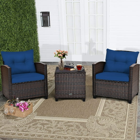 Costway Ensemble de Mobilier de Jardin en Rotin 3 Pcs avec Coussins et Table Basse, de Couleur Bleu Marine