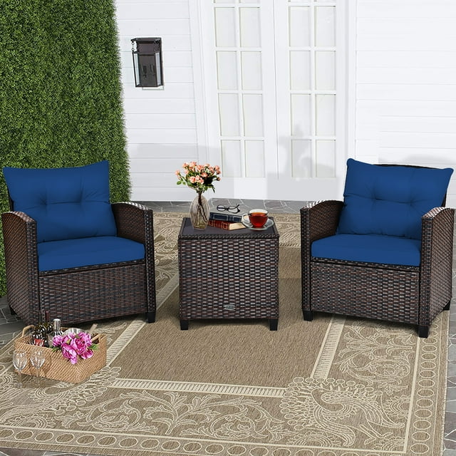 Costway Ensemble de Mobilier de Jardin en Rotin 3 Pcs avec Coussins et Table Basse, de Couleur Bleu Marine