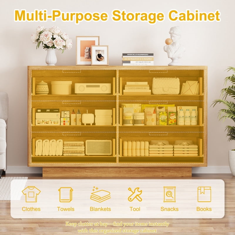 Fluted 6 Drawer Dresser for Bedroom, Wide Modern Chest of Drawers with Metal Handle, Curved Profile Design, Wood Closet Clothes Storage Organizer for Bedroom, Living Room, Hallway