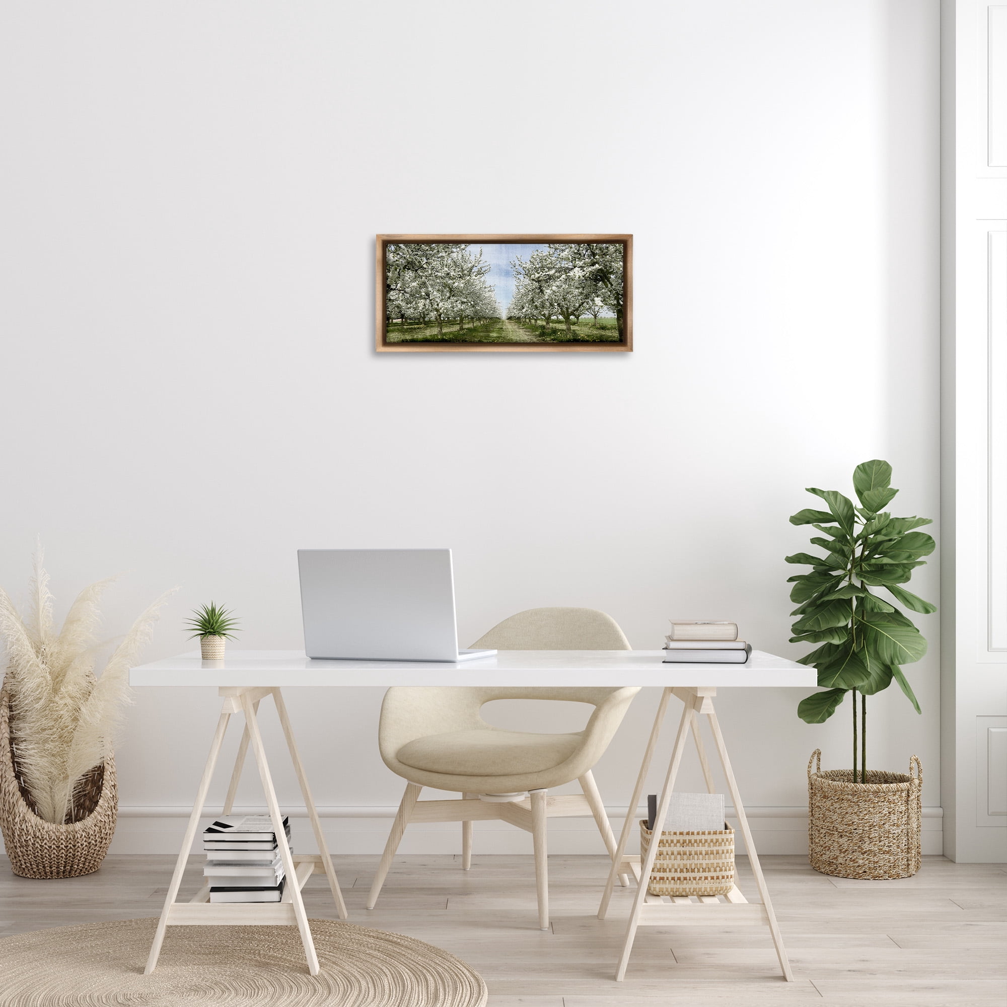Stupell Industries Blooming White Tree Orchard Landscape Photography Brown Floater Framed Canvas Art Print Wall Art, 25 x 11
