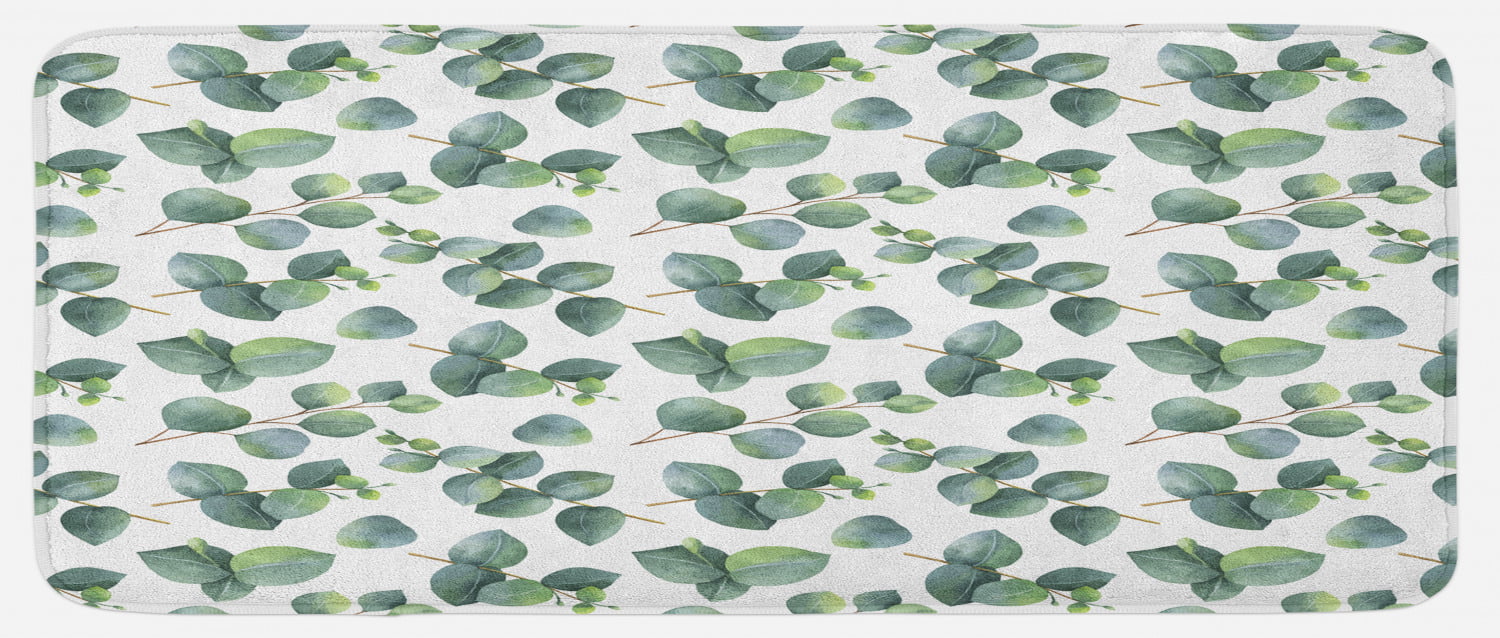 Ambesonne Leaf Kitchen Mat Plush Decorative Kithcen Mat with Non Slip Backing Watercolor Style Pattern with Silver Dollar Eucalyptus Leaves and Branches 47 W X 19 L Inches Green Pale Brown White 