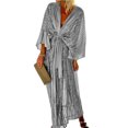 thumbnail image 2 of Neinkie Robe d'Automne pour Femme à Col en V Profond, Manches Chauve-Souris, Laçage, Ourlet Fluide, Paillettes, Élégante, Cardigan de Vacances, Longue Robe, Vêtements pour Femme, 2 of 6