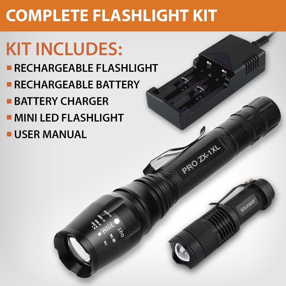 LED Flashlight Kit - Rechargeable Flashlight with 5 Light Modes and Adjustable Zoom for Outdoor & General Home Use
