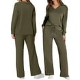 thumbnail image 2 of Women's Two Piece Set Casual Loungewear V-Neck Outfit Fall Travel Matching Lounge Set Army Green L, 2 of 6