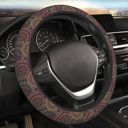 Car Steering Wheel Cover Protector, Mandala Round Flower Boho Ethnic Upgrade Thicken,Durable Soft Universal 15 Inch,Car Accessories for Diverse Cars for Men Women