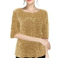 thumbnail image 2 of Gold Womens Blouses Sequin 3/4 Sleeve Tops for Women Trendy Spring Summer Glitter Blouses Crew Neck Fashion Sparkly Shirts Ladies Tops and Blouses, 2 of 5