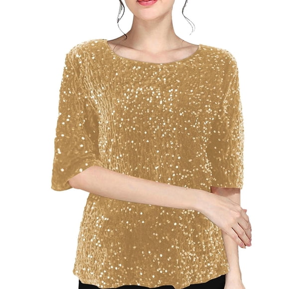 Outfmvch Mardi Gras Shirts for Women,Graphic Tees,Carnival Tshirts,Graphic Tshirt,Mardi Gras Clothes,Sequin 3/4 Sleeve Tops Glitter Blouses Crew Neck Sparkly Shirts Gold S