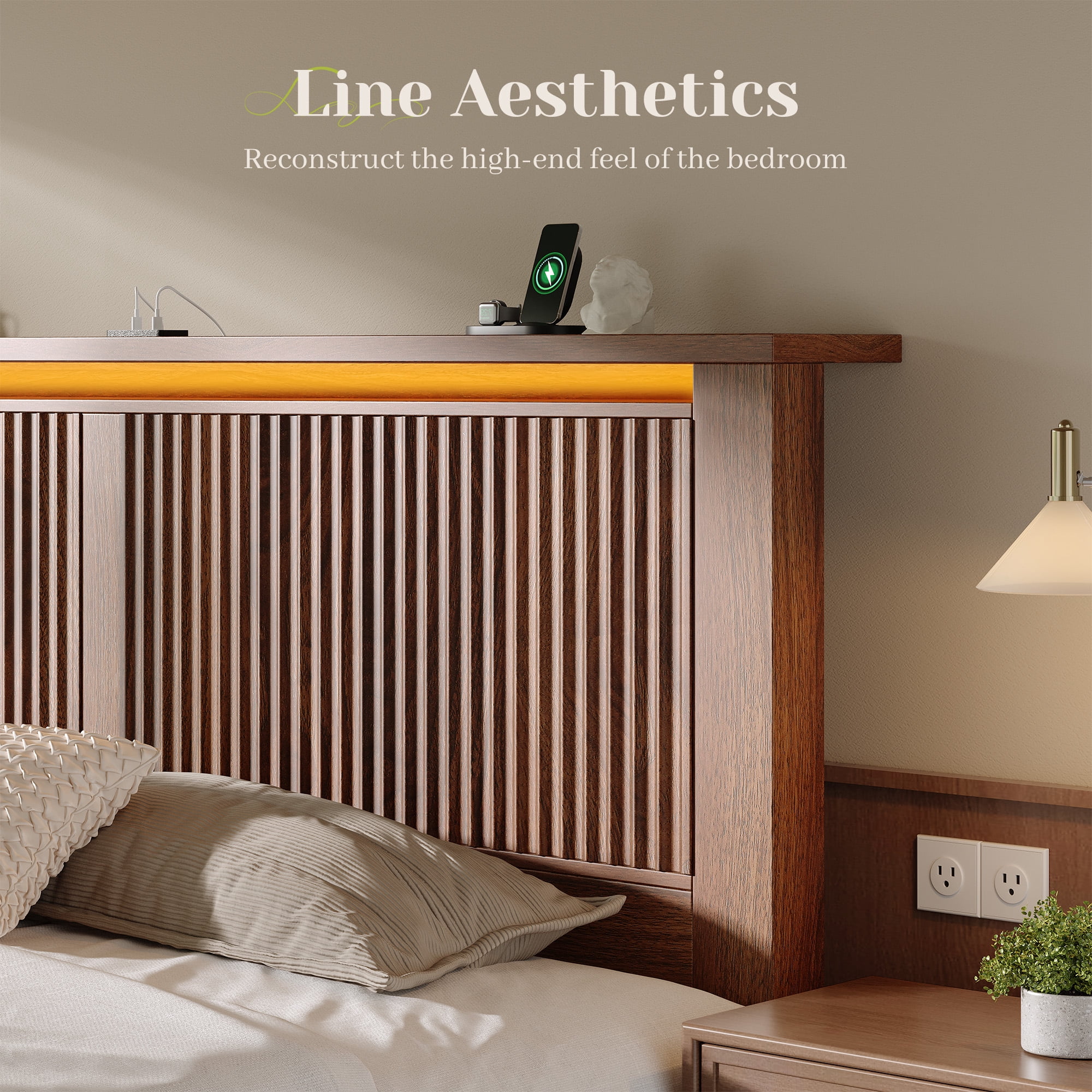 EnHomee Wood Bed Frame King with Headboard Bed Frame with Storage Shelf and Drawers Farmhouse Bed Frame with 2 Drawers & Charge Station & LED Light, Walnut