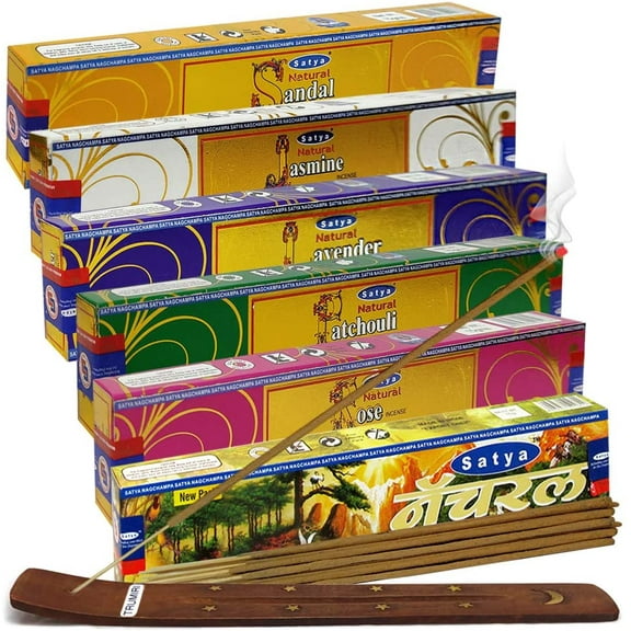 Satya Incense Sticks Variety Pack #1 And Incense Stick Holder Bundle With 6 Natural Series Fragrances