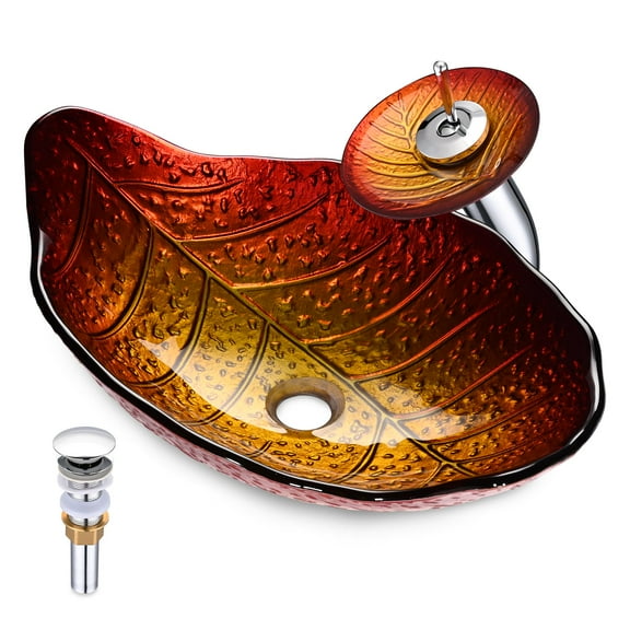 Aquaterior Tempered Glass Vessel Sink Transitional Style Leaf  Waterfall Faucet