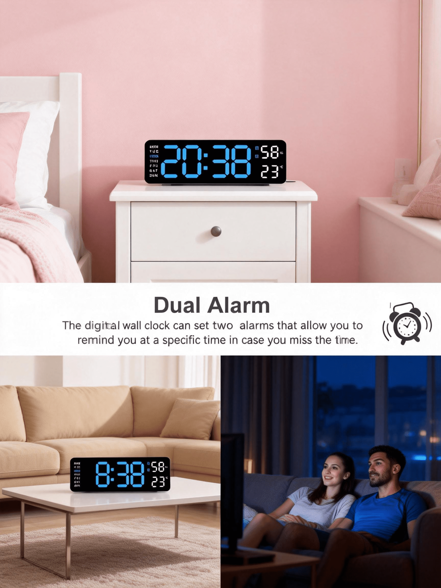 Digital Wall Clock Large LED Display Dual Alarm Temperature Humidity Auto Dimming Big Numbers Desk Clock Calendar Day Date Week Display Plug in Classroom Office Bedroom Living Room Kitchen Wall Mount