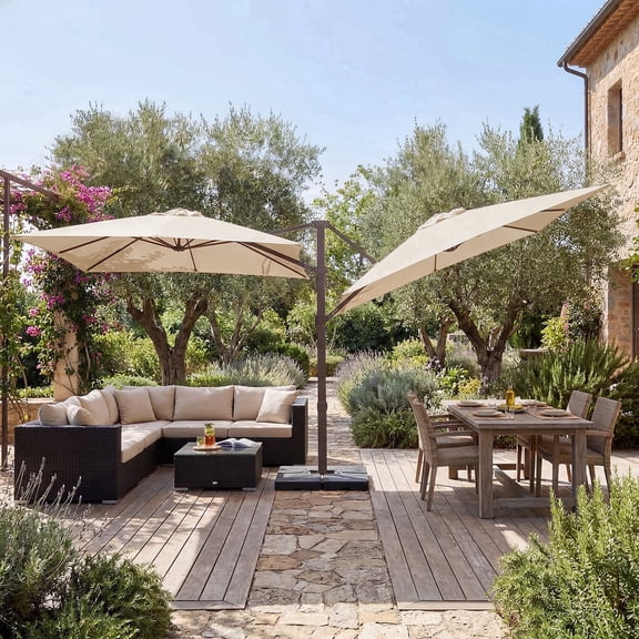 FUNDAZE 10x10ft Double Canopy Cantilever Umbrella, Patio Outdoor with Base & Cover, Waterproof UV Resistant for Garden Poolside Shade, Beige