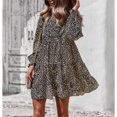 thumbnail image 3 of Vestido de mujer floral con cuello en V manga larga linterna dobladillo con volantes vestido de cintura alta para niñas negro L, 3 of 8