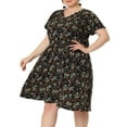 thumbnail image 1 of GRACE & GRANDEUR Robe pour Femme Grande Taille à Manches Courtes Évasées, Florale, à Basque, Robe Midi d'Été 3X Noir, 1 of 5